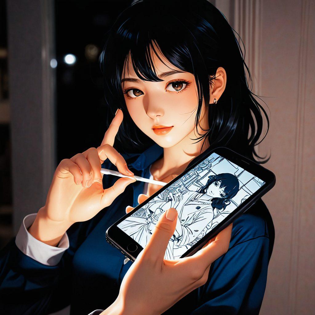 An artistically detailed illustration depicting a hand transitioning from flipping through an erotic manga page to holding a smartphone displaying an animated scene from the same manga. The background should showcase a fusion of traditional manga art style and modern digital aesthetics, with soft lighting and shadow play to evoke a sense of intimacy and allure. Include diverse characters in suggestive yet tasteful poses to symbolize the evolution of adult entertainment. vibrant colors. painting.