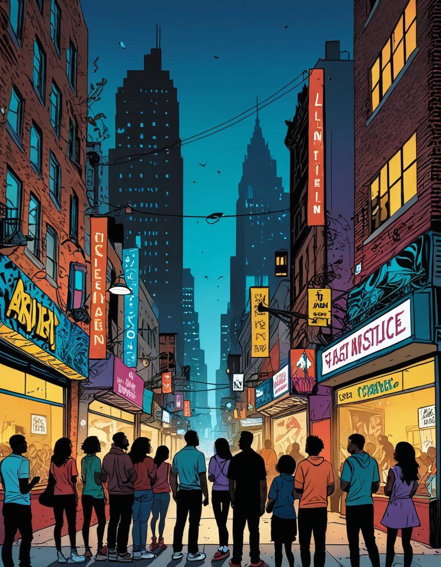 A dynamic composition featuring an open comic book with vibrant, colorful illustrations spilling out, blending whimsical characters and intricate storytelling elements. In the background, silhouettes of diverse adults engaged in deep discussions about graphic novels, surrounded by urban scenery. The overall feel is energetic and imaginative, highlighting the intersection of art and narrative in adult comics. super-realistic. bold colors. urban setting.